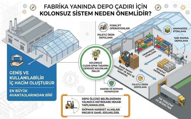 Fabrika Yanına Depo Çadırı Kurulur mu? 24 Fabrika Yanında Depo Çadırı İçin Kolonsuz Sistem Neden Önemlidir?