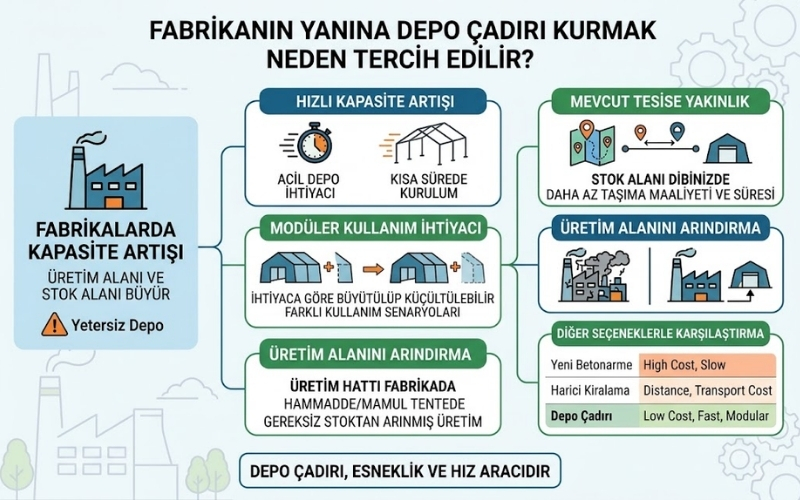 Fabrika Yanına Depo Çadırı Kurulur mu? 20 Fabrikanın Yanına Depo Çadırı Kurmak Neden Tercih Edilir
